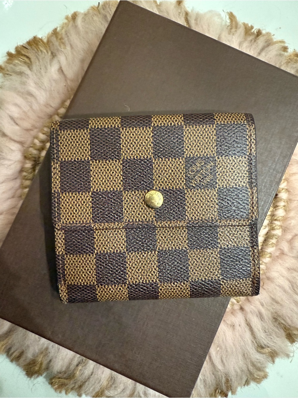 Louis Vuitton Damier Ebene Elise Trifold Wallet Brown Made in France Authentic